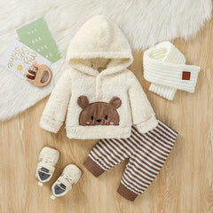 Baby Boys 2Pcs Newborn-6M Winter Long Sleeve Cartoon Bear  Hooded Coat & Striped Trousers Pantsuit Daily Clothing