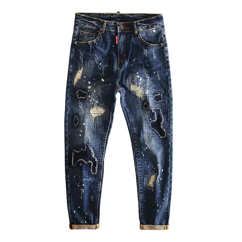 Jeans for Men Cropped Ripped Tapered Male Cowboy Pants with Holes Trousers