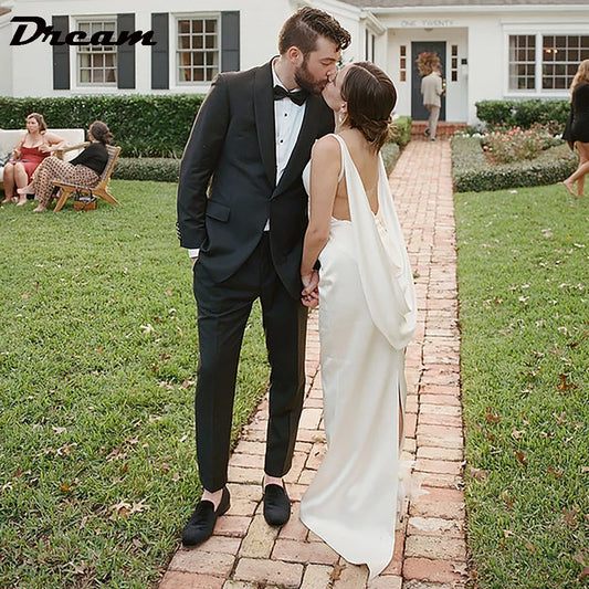 White Bridesmaid Dresses: Back Draped Cowl Satin Sheath Wedding Dress Simple
