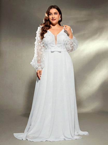 Mgiacy plus size V-neck three-dimensional embroidery chiffon train wedding dress Evening gown Ball dress Party dress