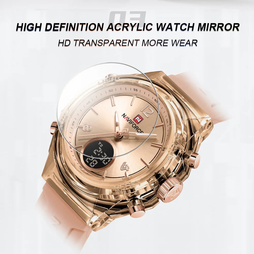 NAVIFORCE Luxury Women's Watch Gold Outdoor Sports Waterproof Watches Dual Time Display Quartz Wristwatches Rubber Digital Clock