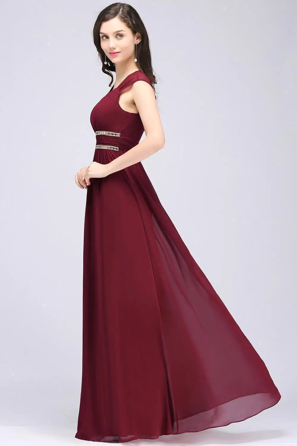 Ladies Long Chiffon Evening Dresses A-line V-Neck Sleeveless Crystal Beaded Backless Elegant Formal Wedding Evening Party Gowns
