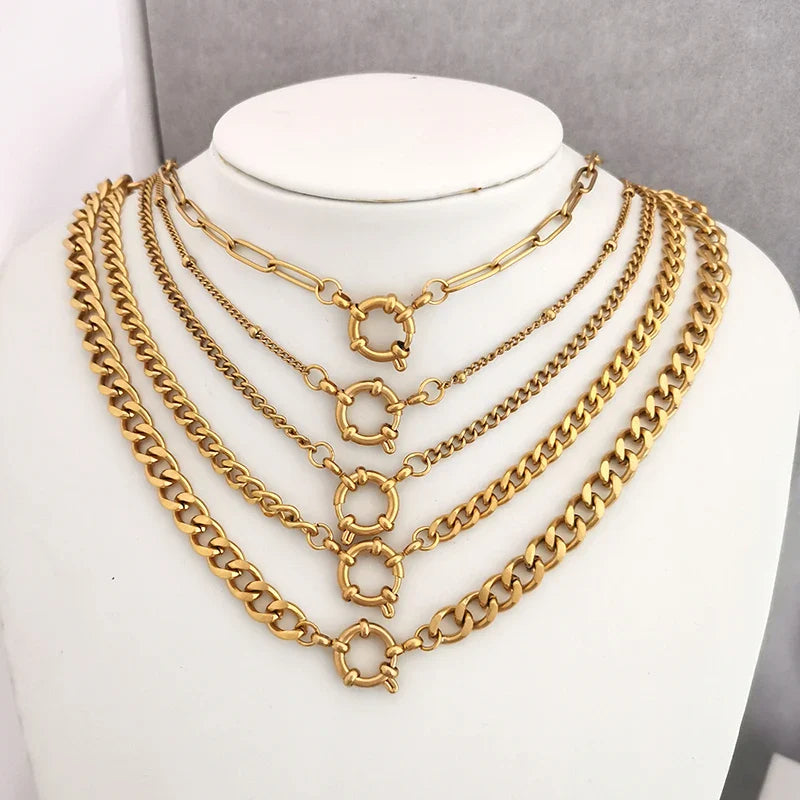QMHJE Spring Sailor Clasp Necklace Women Men Choker Stainless Steel Geometric Paperclip Link Chain Rolo PVD Gold Color Wholesale