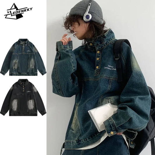 Vintage Street Denim Sweatshirt Men Women Distressed High Neck Loose Denim Jacket