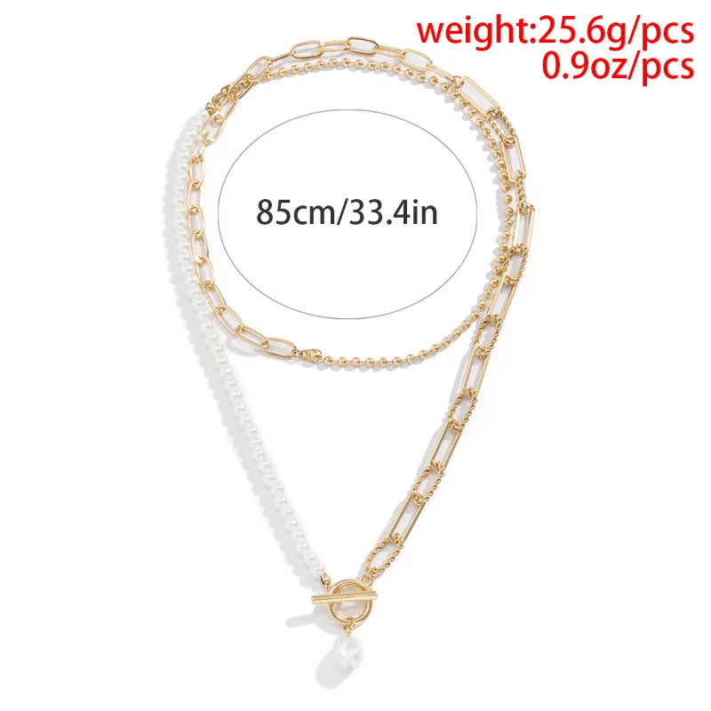 Vintage Layered Baroque Pearl OT Clasp Necklace Set Stacking Beaded Ball Paperclip