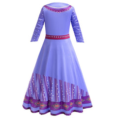 Wish Princess Dress Girls Asha Cosplay Outfits Purple Print Elastic Frocks Kids Long