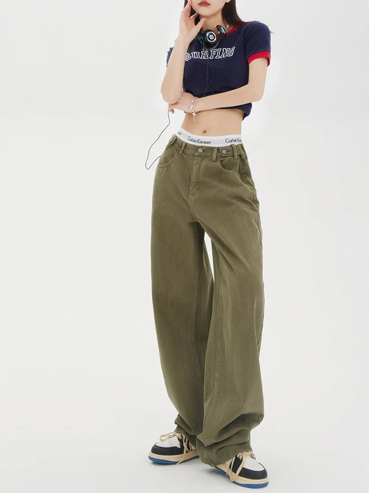 American Vintage Style High Waist Green Jeans Pants Spring Fashion Women's Baggy