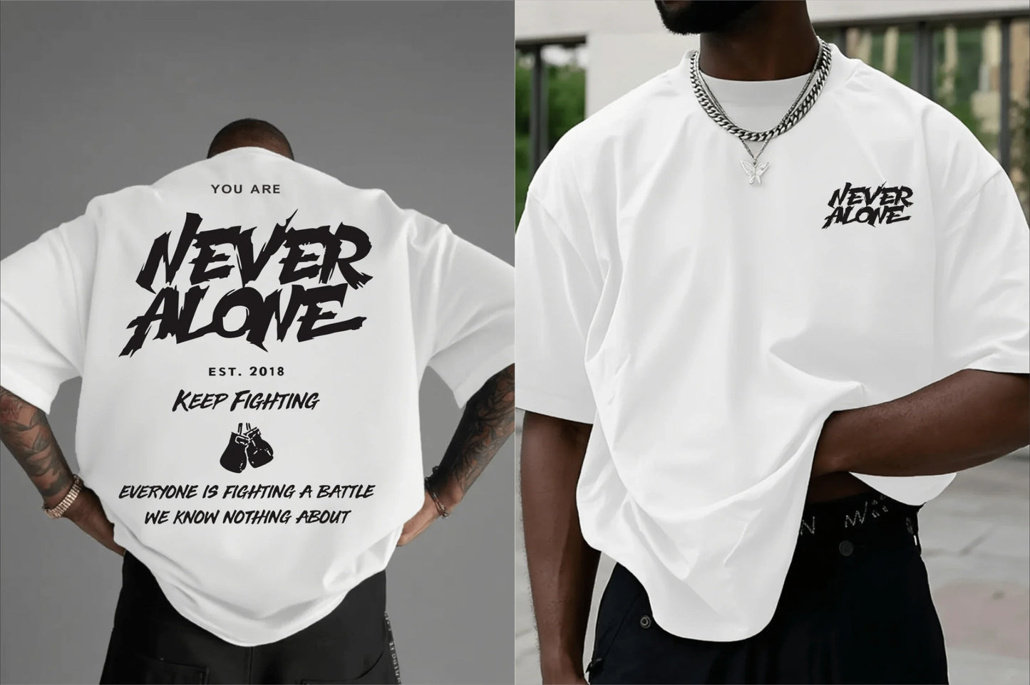 Men's Motivational Never Alone Boxing Graphic T-Shirt Soft Breathable Fabric Regular Fit Casual Tee Inspirational Quote EST