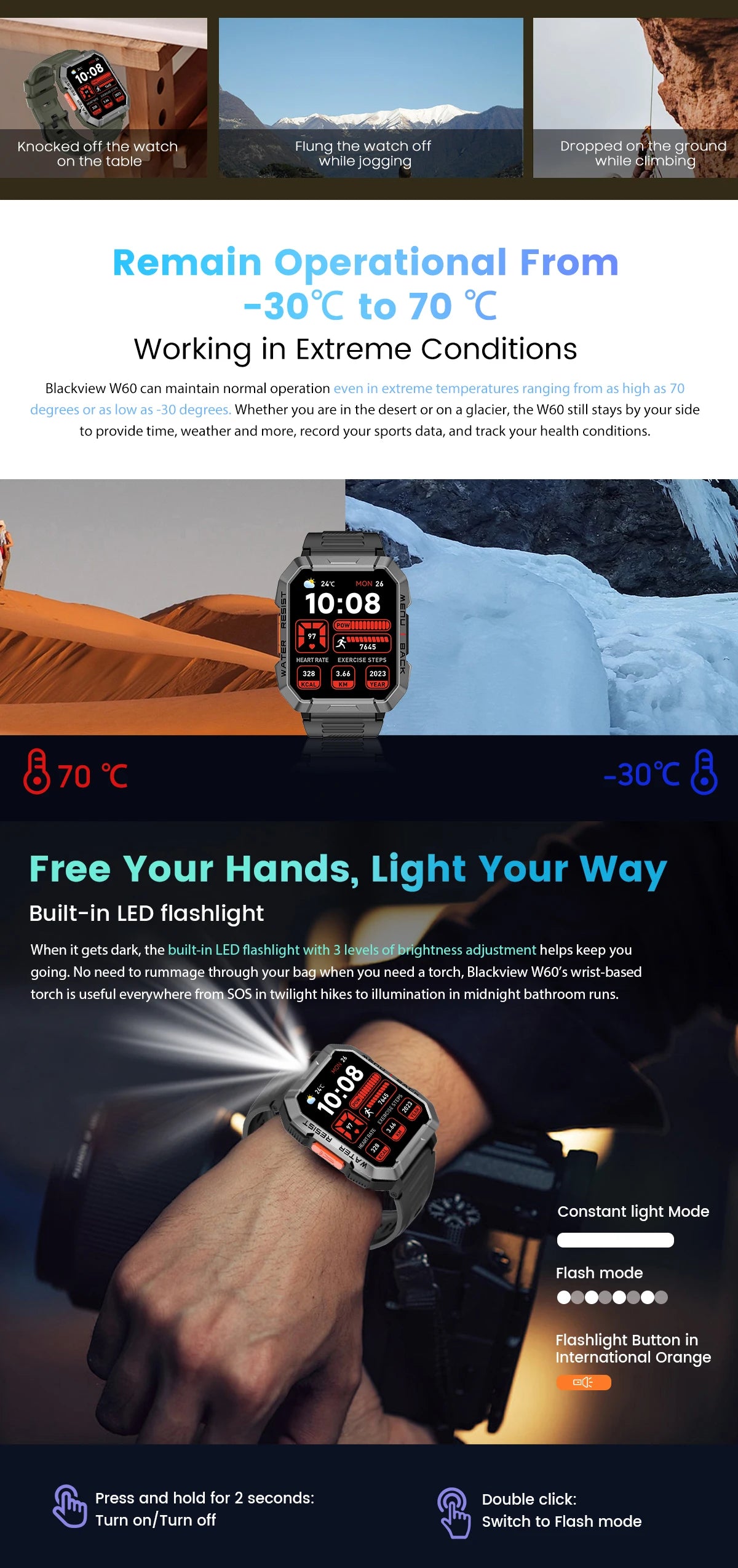 Blackview W60 Smartwatch 2.01'' HD Display TFT Rugged Smart Watch for Outdoor With Emergency Lighting Bluetooth Calling