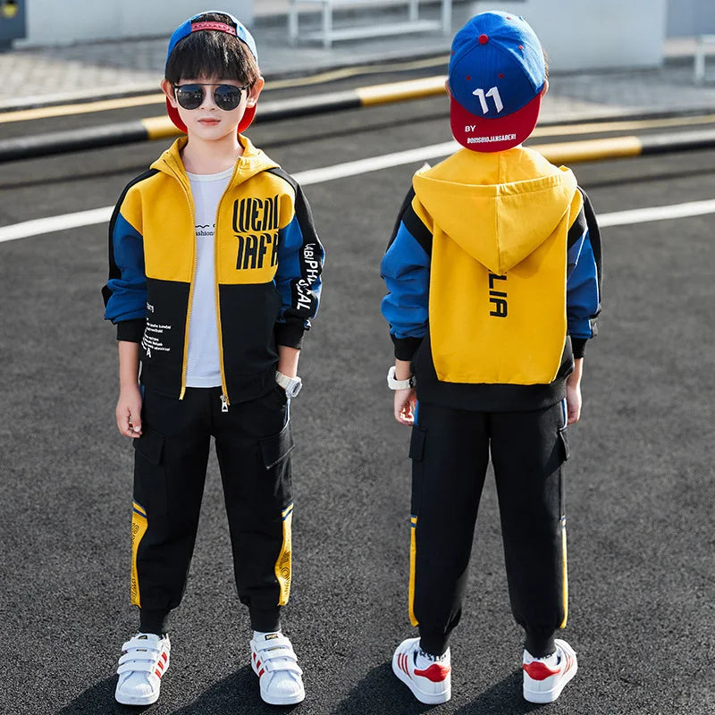 2026 winter spring Tracksuit Clothes Boys Teenager Kids zipper splicing Child set jacket hooded + striped Pant 8 9 10 11 12 year