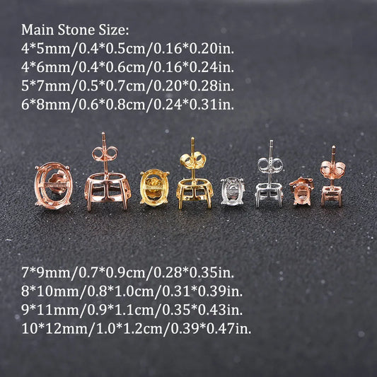 Oval 4-prong silvery Golden Rose golden color solid 925 sterling silver stud earring settings DIY jewelry supplies