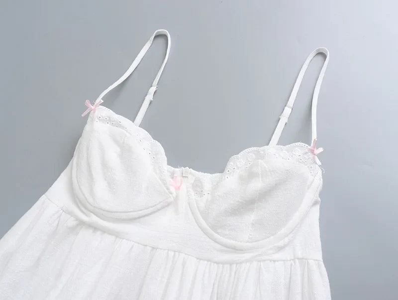 2022 Sexy White Spliced Embroidery Lace Bra Corset style Mini Dress Women Backless Party Skater Short Sling Robe Holiday