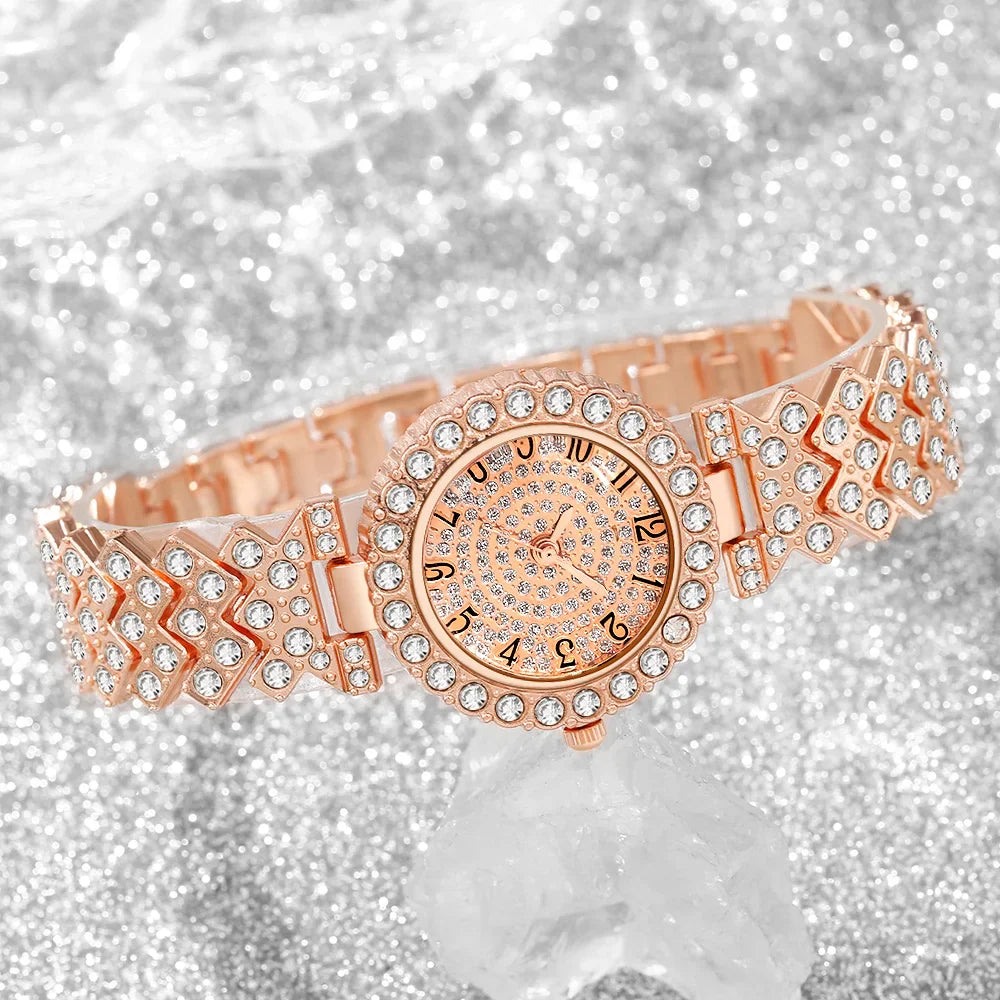 5pcs Luxury Rhinestone Women's Quartz Watch Elegant Ladies Bracelet Wristwatch Jewelry Set（Without Box）