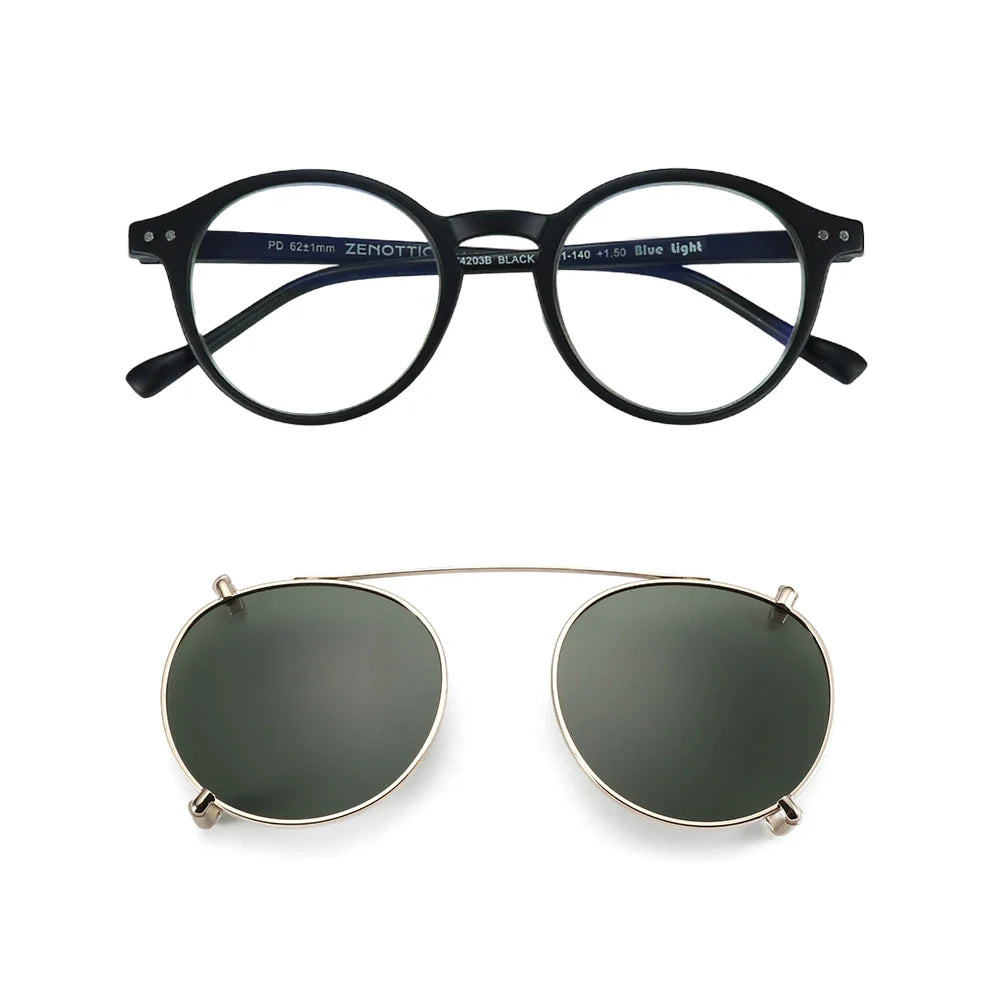 ZENOTTIC Steampunk Style Glasses (Anti Blue Light Blocking Eyewear) + Clip Lenses（Polarized Sunglasses Clips）for Women Men