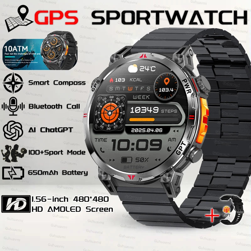 2025New Military GPS Sport Smartwatch Men 650mAh AMOLED Screen Compass Altimeter 10ATM Waterproof Heart Rate Wireless Call Clock
