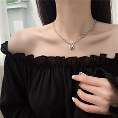 Punk Thick Lock Chain Heart Shape Pendant Choker Necklace for Women Retro Silver