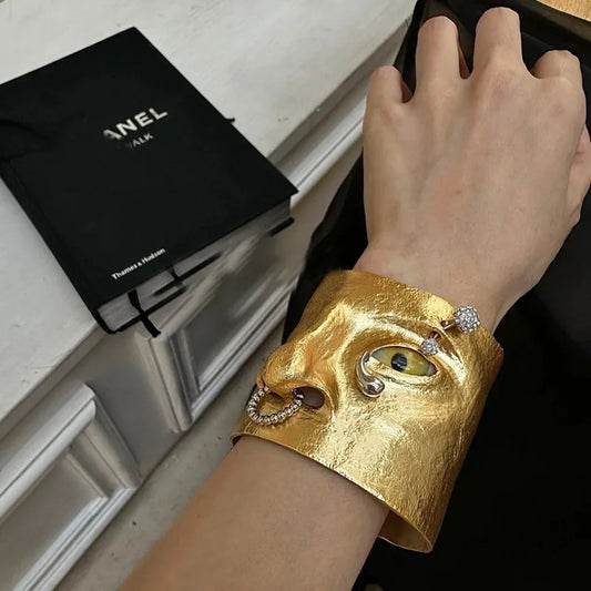 Luxury Vintage Metal Face Design Cuff Bracelet For Women Fashion Jewelry Gorgeous Girl's Hand Open Bracelet Accessories 1PC