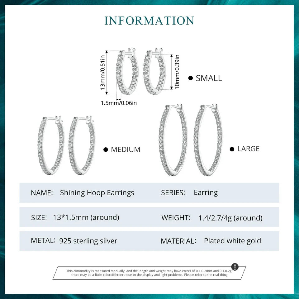 BAMOER 925 Sterling Silver Cubic Zirconia Hoop Earrings, White Gold Plated Lightweight Hypoallergenic Hoop Earrings for Women