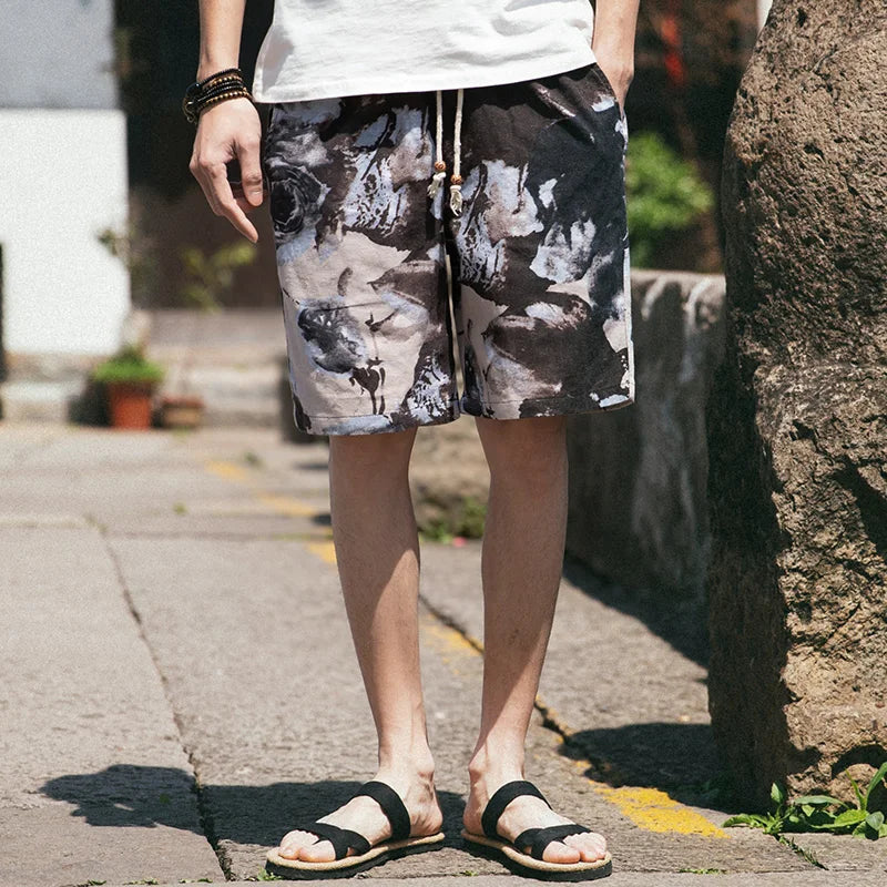 2026 Summer New Boutique Flower Cotton Linen Men's Casual Beach Shorts Men's Comfortable Breathable Leisure Shorts Male XXXXXL
