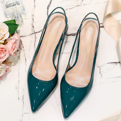 2023 ConciseBack Strap Office Lady Shoes Med heels Pointed Toe Hollow Sandals Patent Leather Thick Heel Shallow Women's Shoes