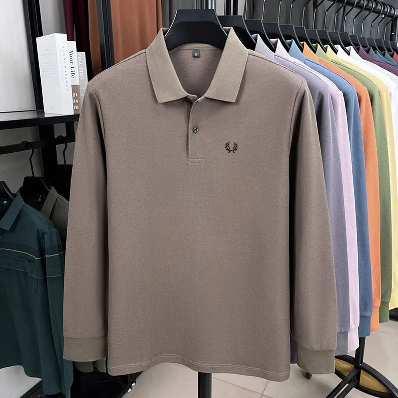 100% pure cotton high-end brand men's long sleeved polo shirt autumn fashion hot selling wheat embroidery golf business T-shirt