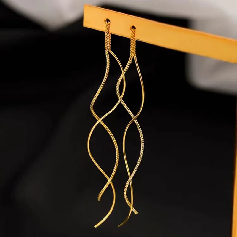 Trendy Charm 925 Sterling Silver Long Wavy Line Tassel Dangle Earrings for Woman Geometry Designer Jewelry Accessories Colorfast