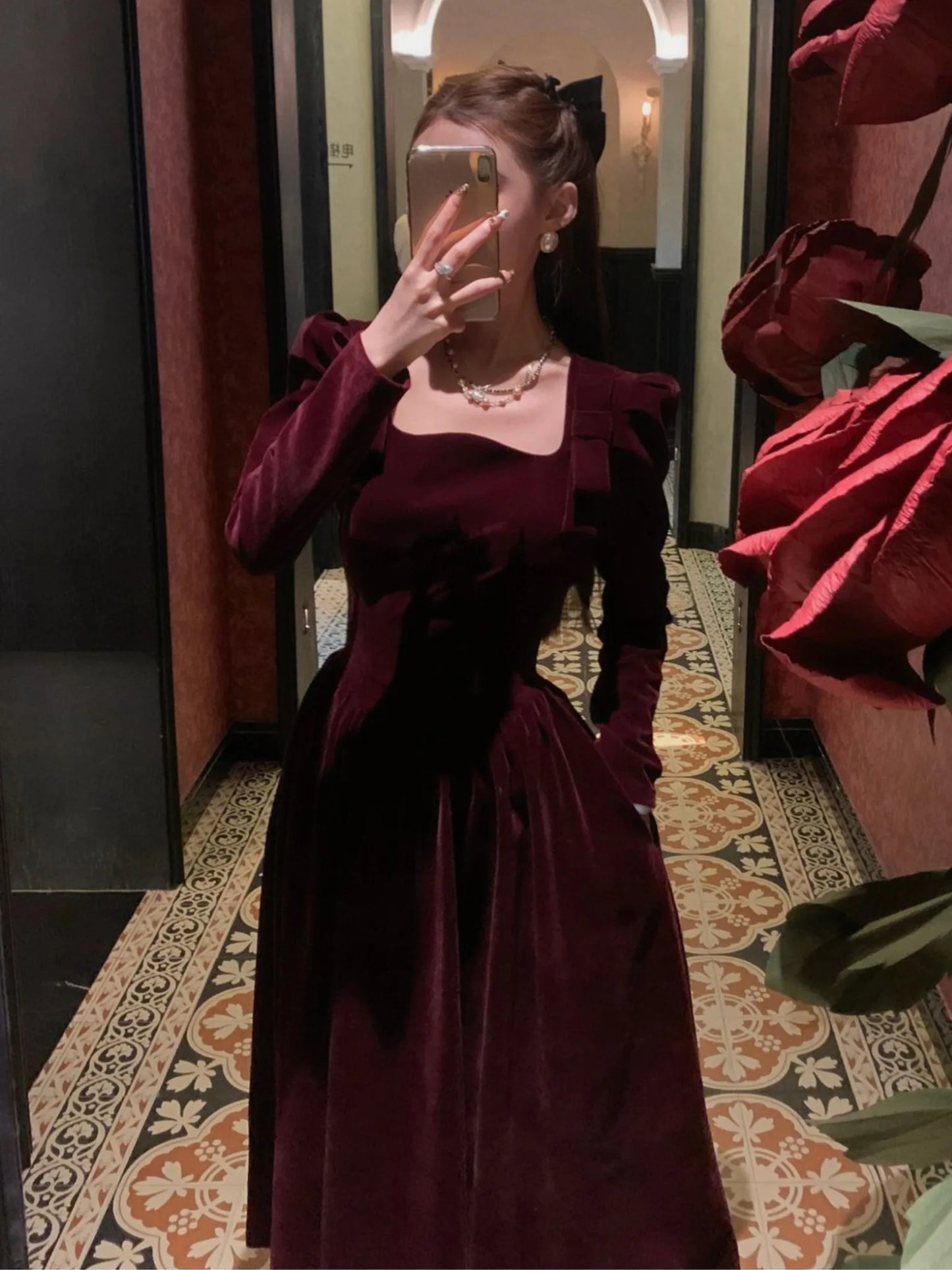 Formal attire Dresses: Vintage Christmas Red Velvet Dress Square Collar Evening Party