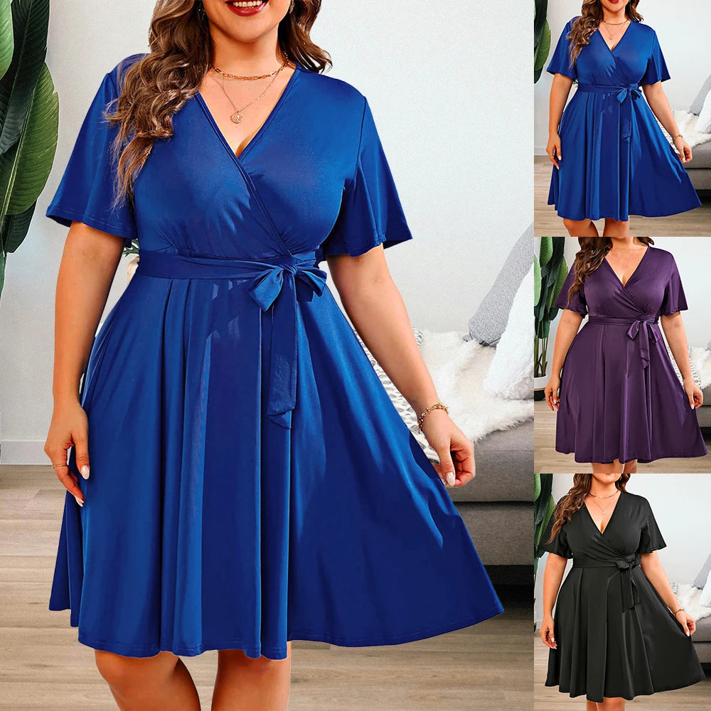 Women Summer Solid Short Sleeve V-Neck A-Line Dress Plus Size Ladies Jersey Casual Elegant Sundress Clothing 2024