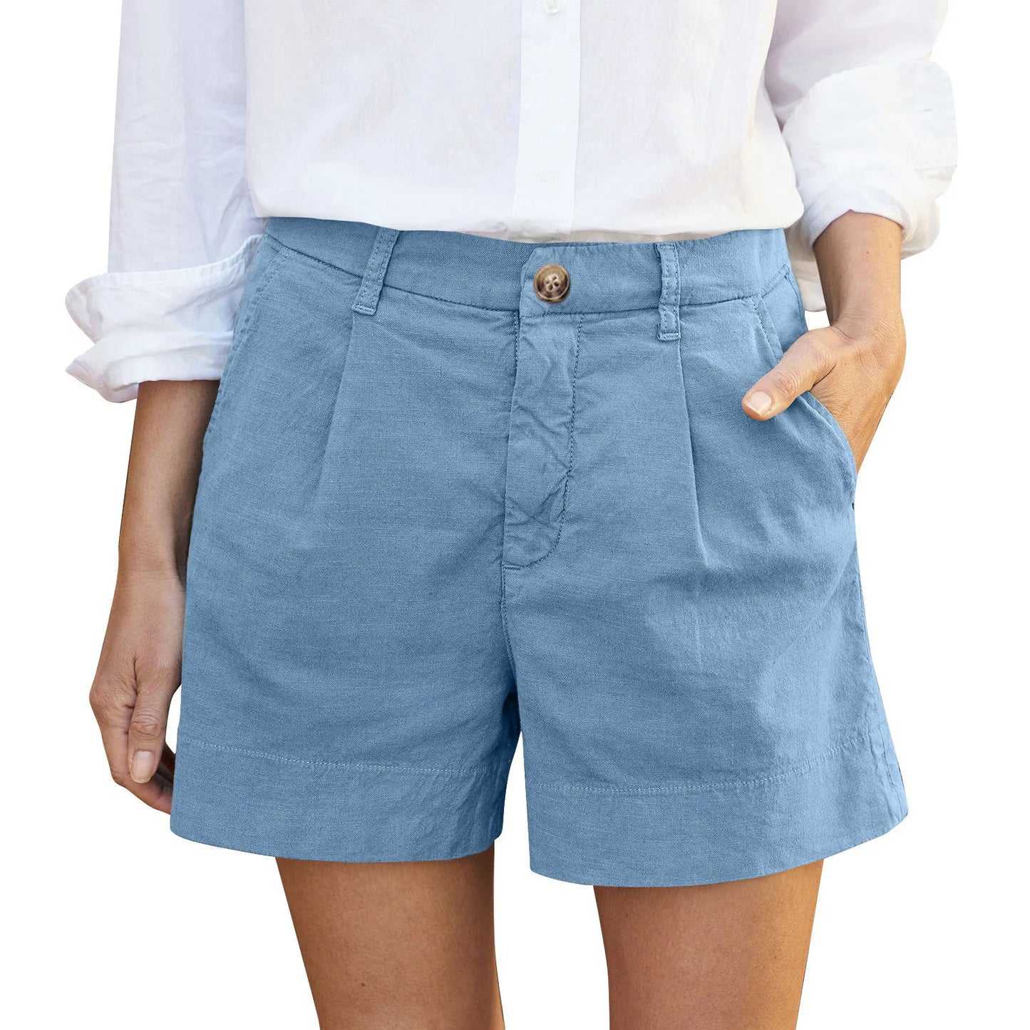 Cotton Linen Solid Shorts For Women Button High Waist Summer Loose Casual Pockets Shorts Female Pants Women Clothing