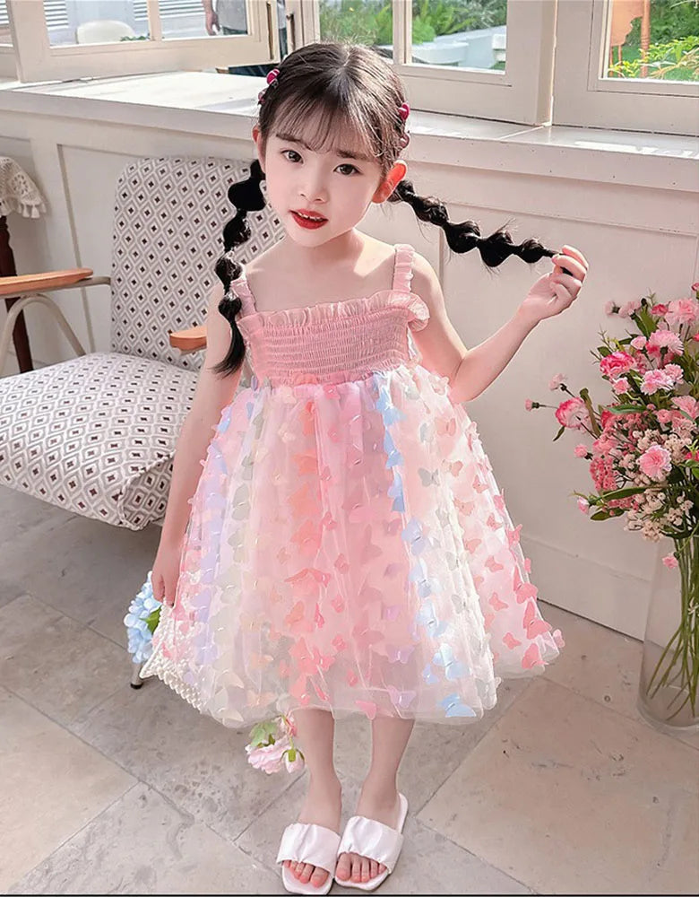 Big Butterfly Decoration Gauze Cotton Sling Dress Stereoscopic Kids Girs Vestido Summer Princess Wedding Birthday Party Dresses