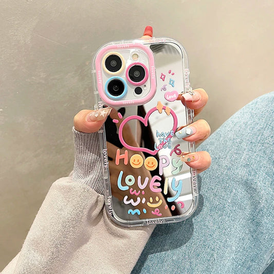 Lovely Girl Heart Mirror Phone Case For iPhone 11 12 13 14 15 16 Pro Max Shockproof