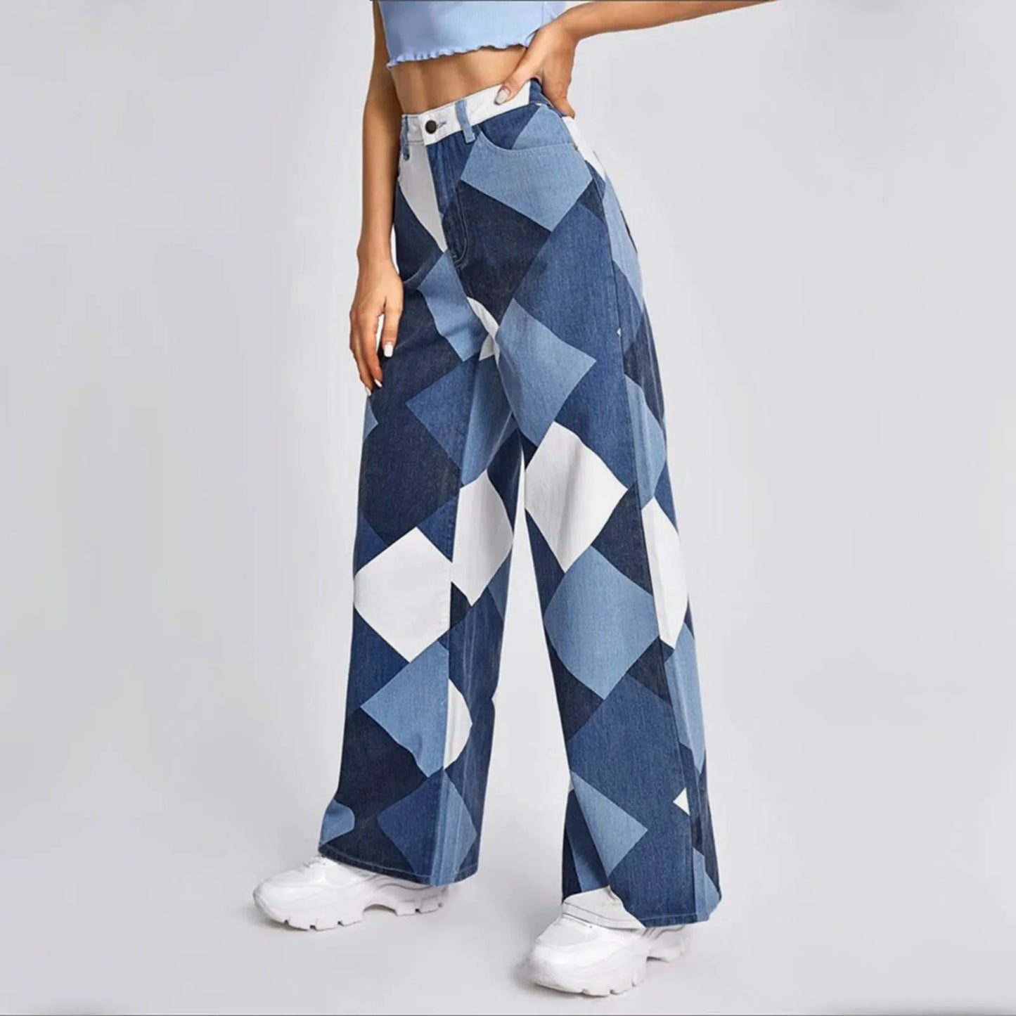 Womens Cargo Baggy Blue Jeans Zip Loose Pants Trousers Pockets Pants