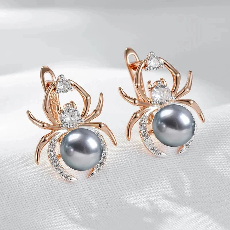 Kinel Hot Gray Pearl Animal jewelry Set for Women Spider Earrings Necklace and Ring 585 Rose Gold Silver Color Mix Retro Jewelry