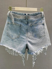 Summer Elegant Shorts Lady Tassel Beading High Waist Wide Leg Denim