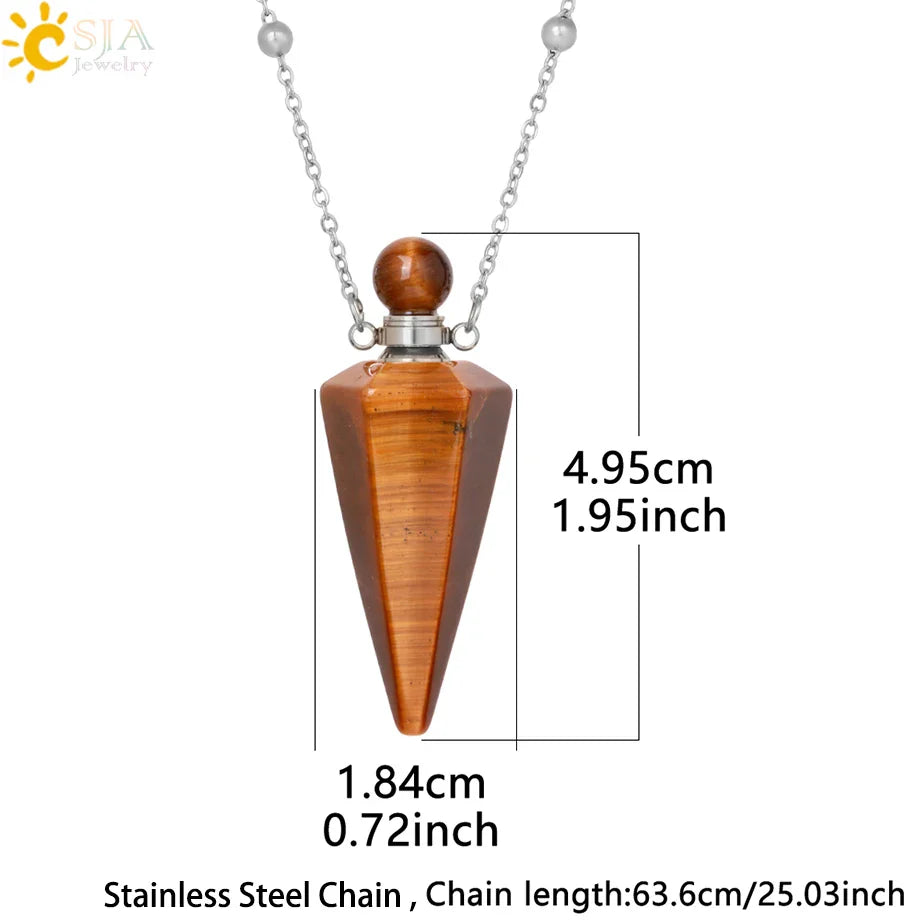 Natural Stone Cone Perfume Bottle necklace Healing Clear Quartz Crystal Pendant Reiki Essentials Oil Diffuser Vial Necklace H119