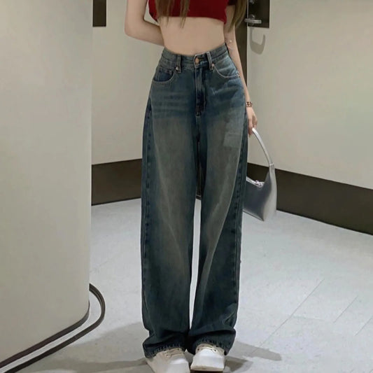 Women Vintage Streetwear Korean Baggy Blue Jeans High Waist Straight Wide Leg Pants