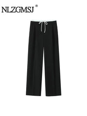 Autumn Women Casual Pants Drawstring Waist Straight Loose Wide Leg Trousers