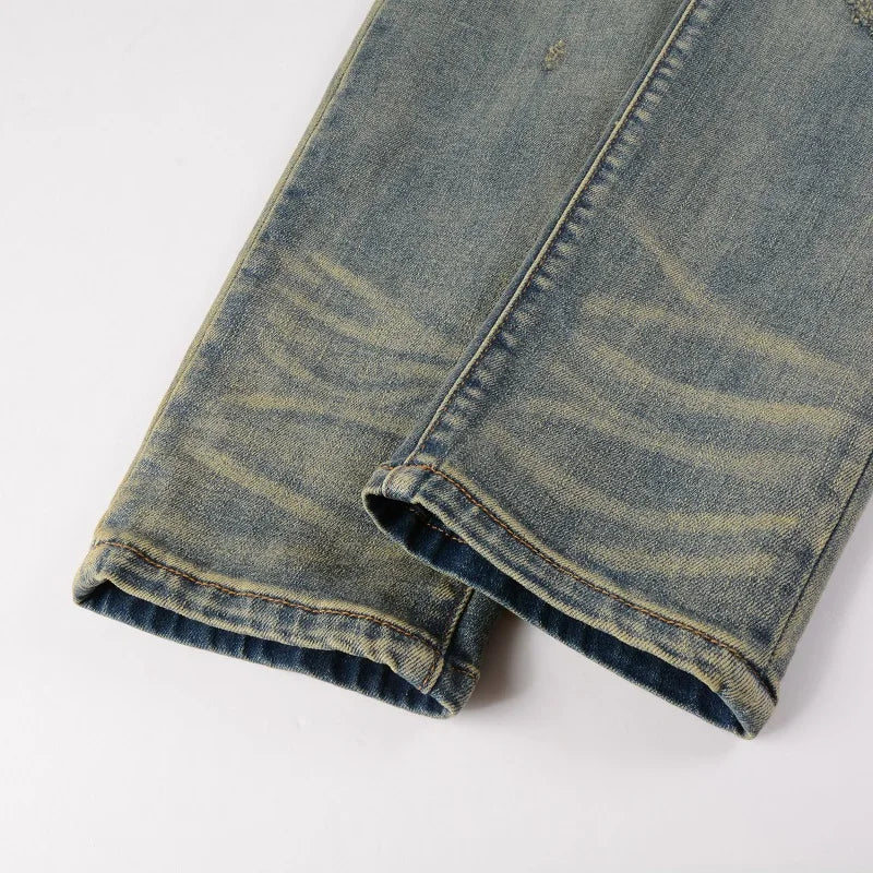 Men Cracked Patch Stretch Denim Jeans Streetwear Holes Ripped Distressed