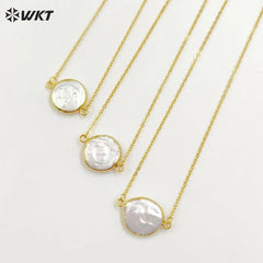 Amazing Elegant White Freshwater Pearl Coin Necklace In 18K Real Gold Plated