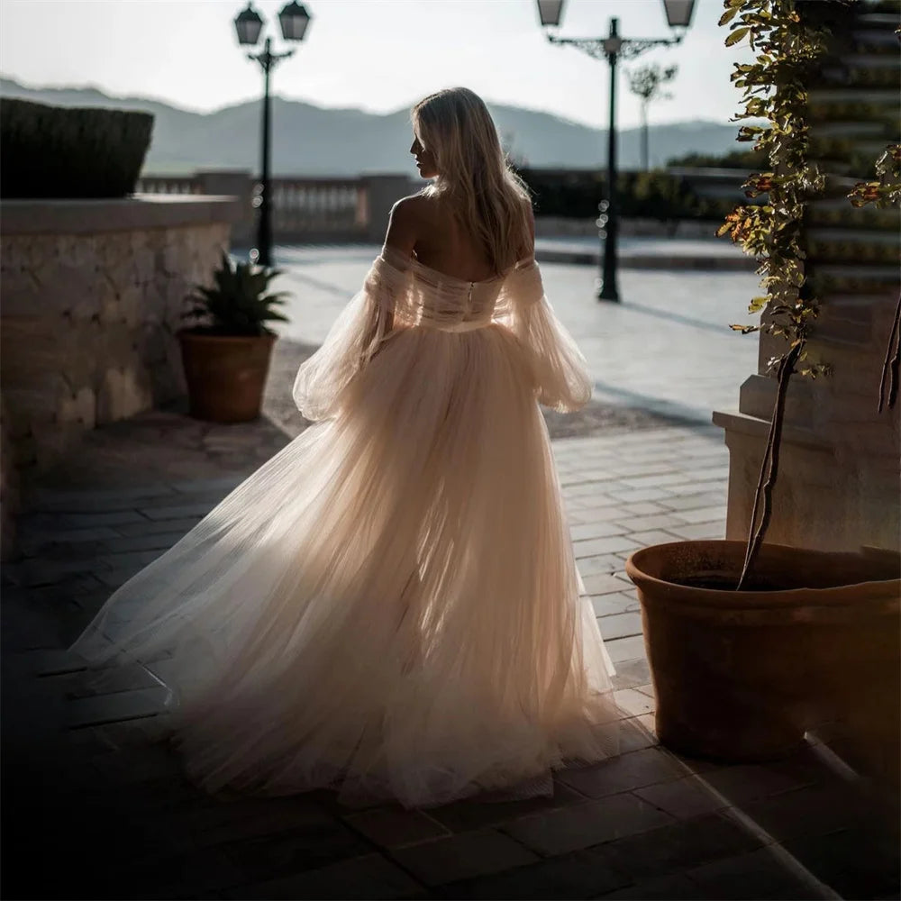 White Bridesmaid Dresses: Wedding Dresses For Woman Long Puff Sleeves Tulle Beach