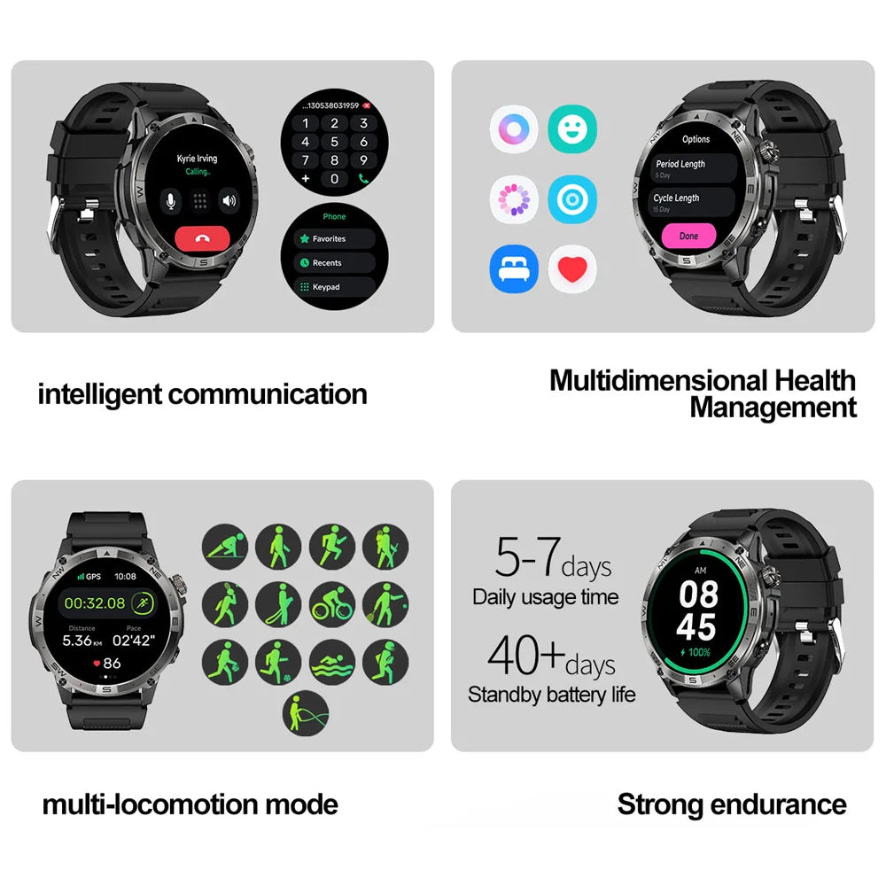NORTH EDGE GPS Sports Smart Watch 1.43'' Amoled Display AOD Mens Watch Bluetooth Call Altitude Barometer Compass IP68 Waterproof
