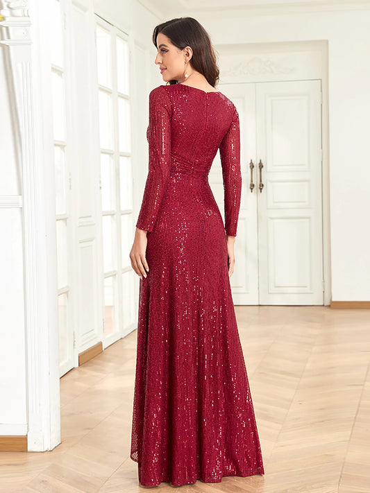 Luxury Long Sleeves V-Neck Evening Dresses Wedding Party Sequins For Women