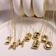 Vintage Stainless Steel Balloon Bubble Chunky Letter Necklace for Women 18K Gold