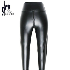 Double Zipper Open Crotch Pants for Women Large Size Black Matte Leather