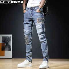 Ripped Jeans Pants Slim Straight Frayed Denim Clothes Men Fashion Skinny Trousers