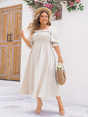 Plus Size Spring Summer Puffy Short Sleeve Dresses Female Elastic Waist Pleated