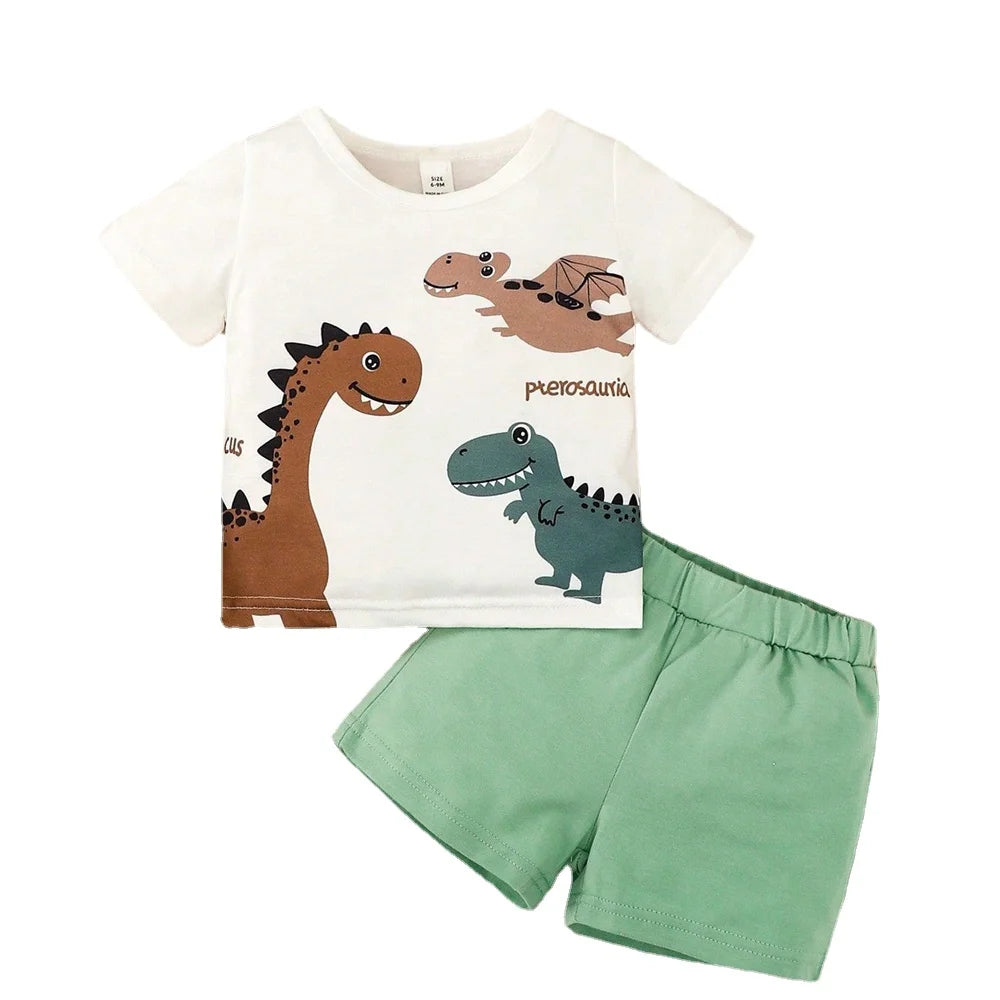 0-3 Years Infant Baby Boy 2PCS Set Cartoon Dinosaur White Short Sleeve Top+Brown Shorts Cute Sport Style Handsome Fashion Outfit
