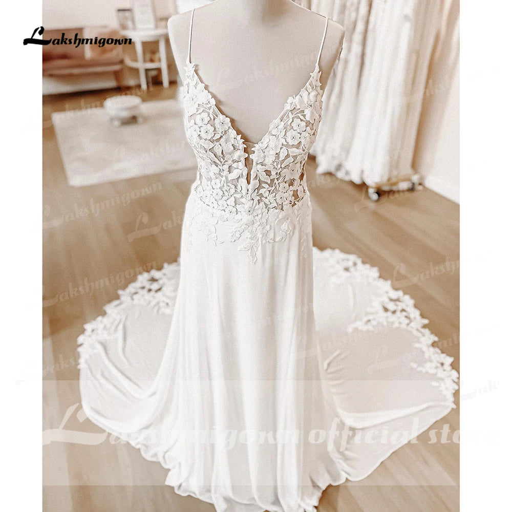 White Bridesmaid Dresses: Straps Boho Lace Wedding Dress V Neck Lace Appliqued