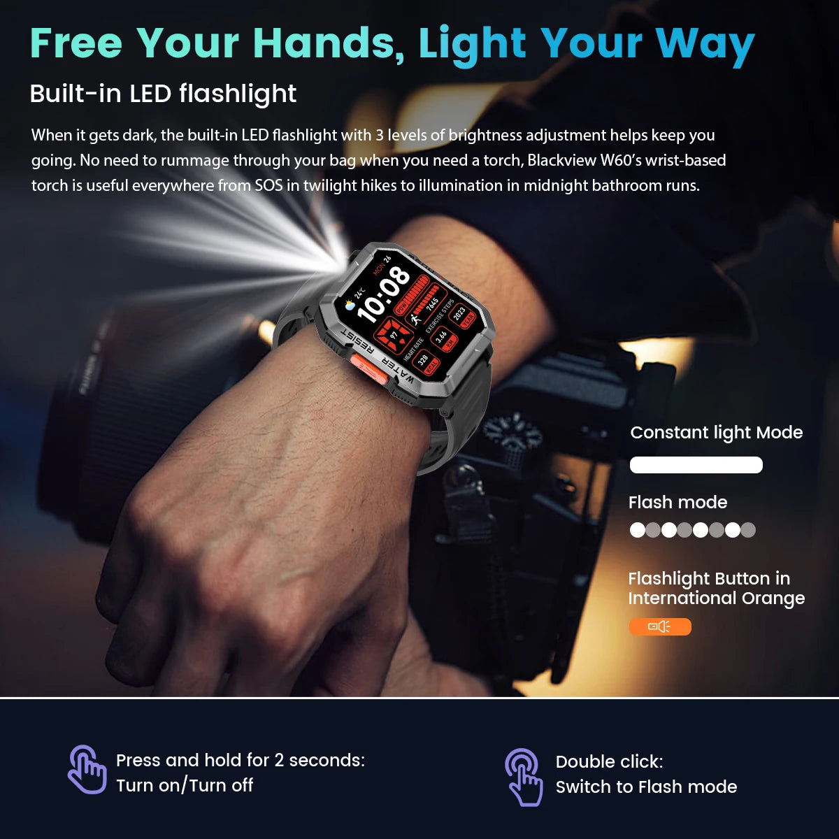 Blackview W60 Smartwatch 2.01'' HD Display TFT Rugged Smart Watch for Outdoor With Emergency Lighting Bluetooth Calling