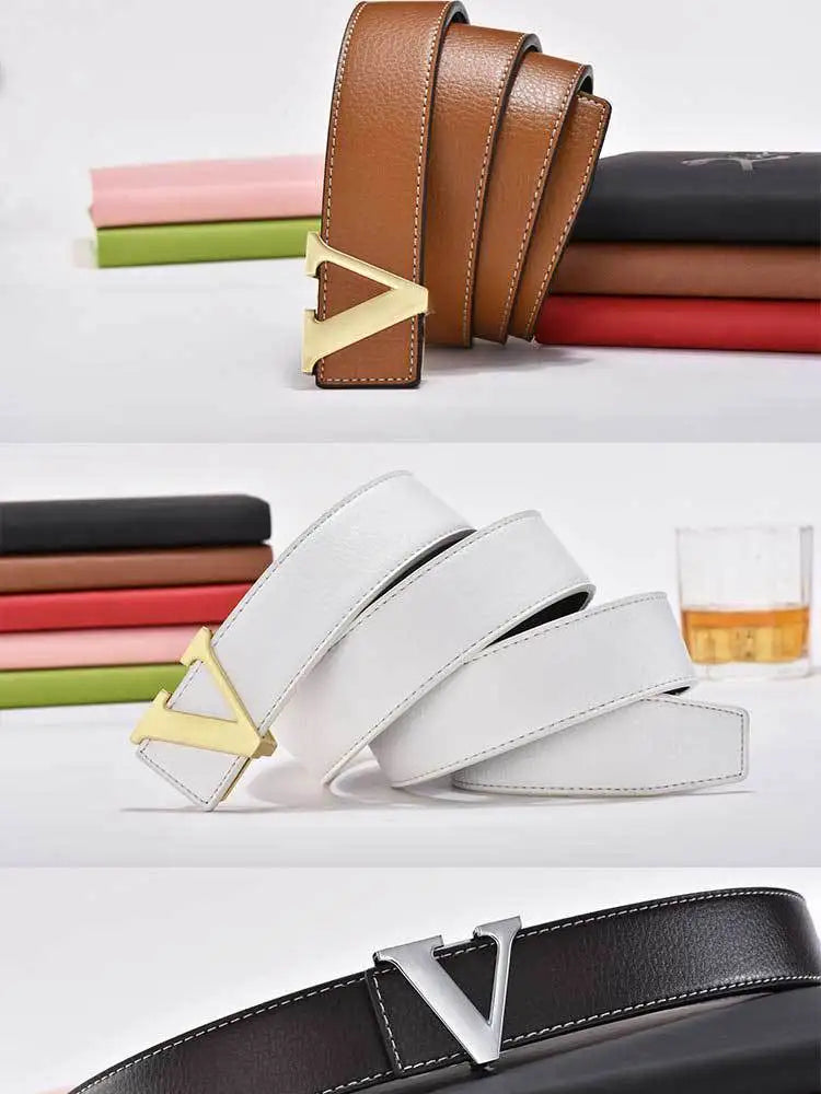 Men's high-end belt with smooth buckle; Korean style fashion trend letter V belt; men's belt